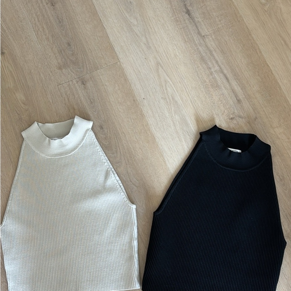 Sleeveless Ribbed Knit Tops in Black and Cream